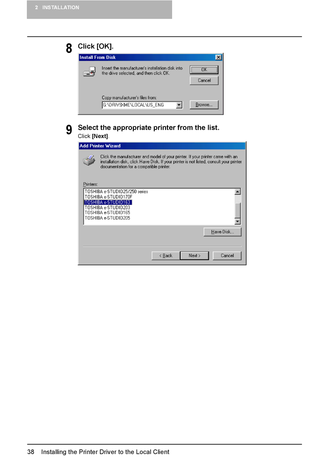 Toshiba 165/205 manual Click OK Select the appropriate printer from the list 