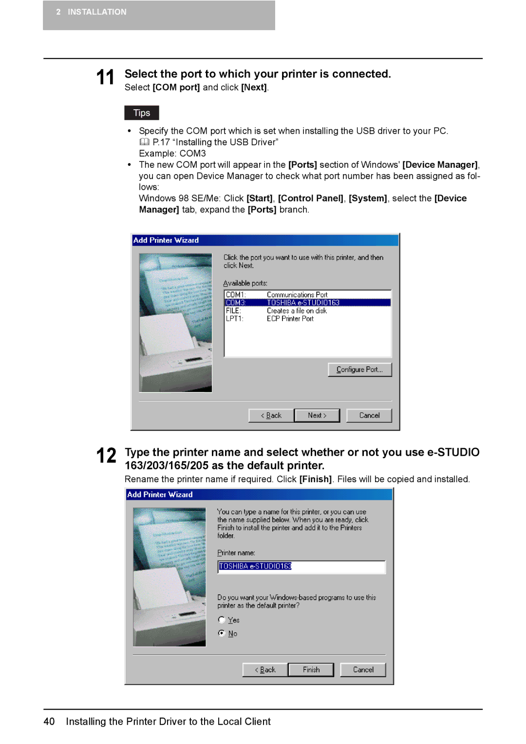 Toshiba 165/205 manual Installing the Printer Driver to the Local Client 