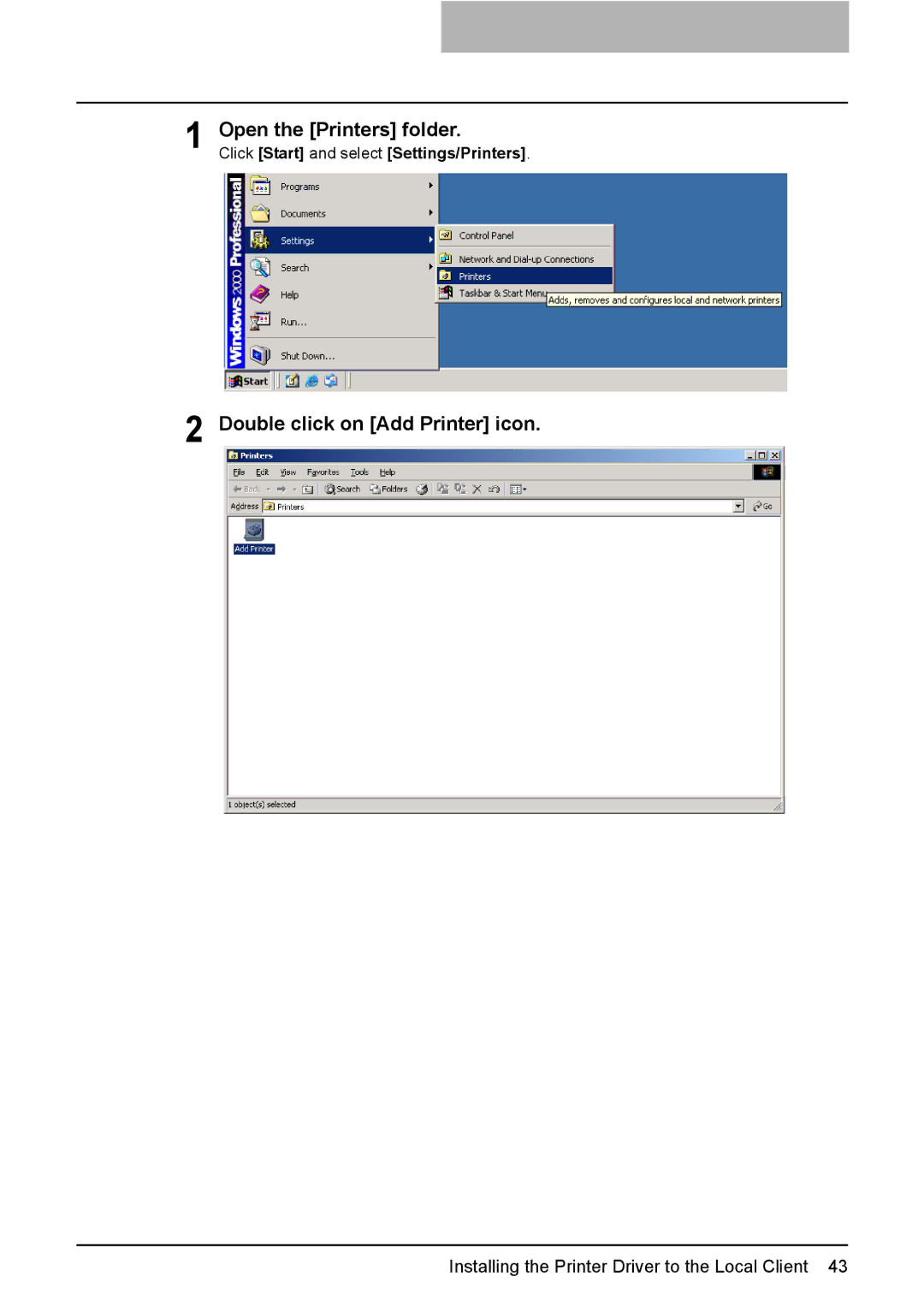 Toshiba 165/205 manual Open the Printers folder 