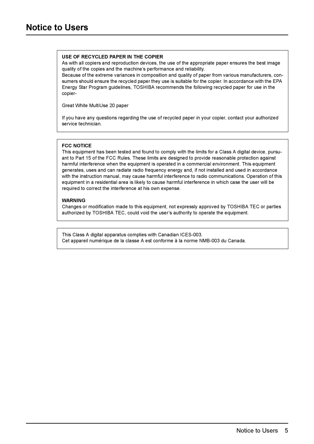 Toshiba 165/205 manual USE of Recycled Paper in the Copier 