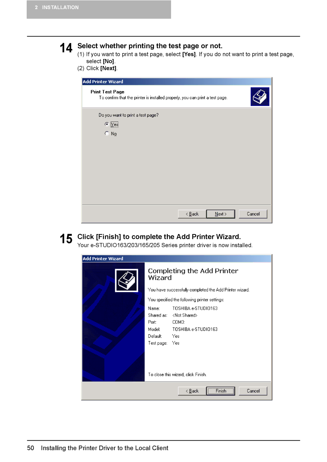 Toshiba 165/205 manual Select whether printing the test page or not, Click Finish to complete the Add Printer Wizard 