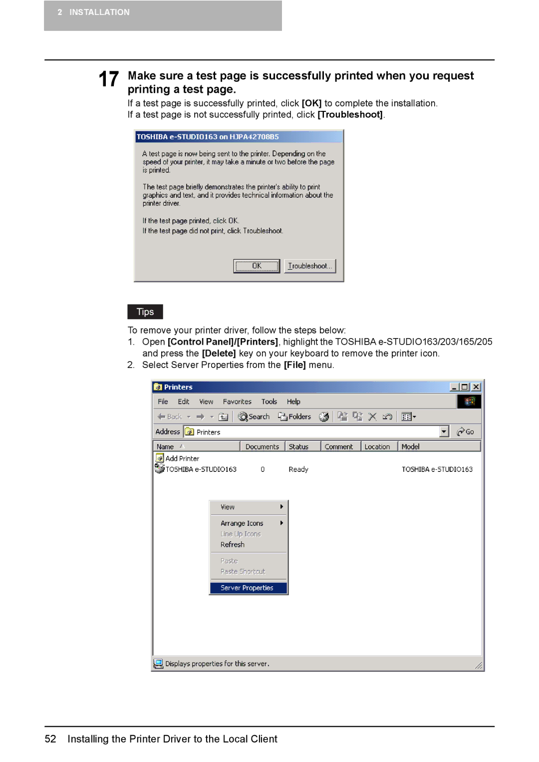 Toshiba 165/205 manual Select Server Properties from the File menu 