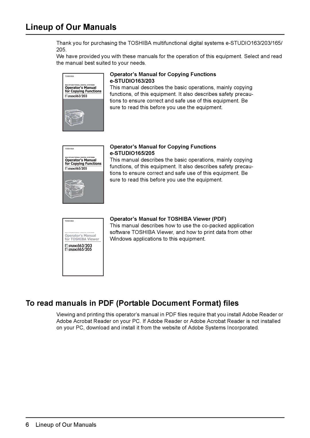 Toshiba 165/205 manual Lineup of Our Manuals, Operator’s Manual for Copying Functions e-STUDIO163/203 