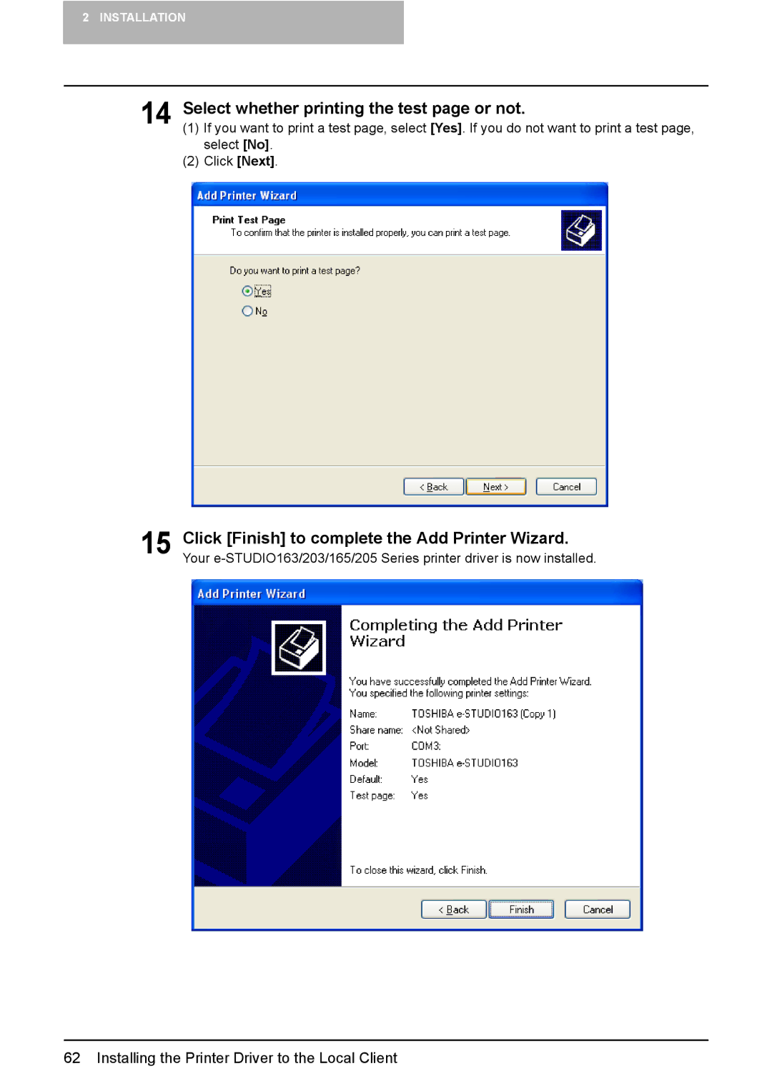 Toshiba 165/205 manual Select whether printing the test page or not 