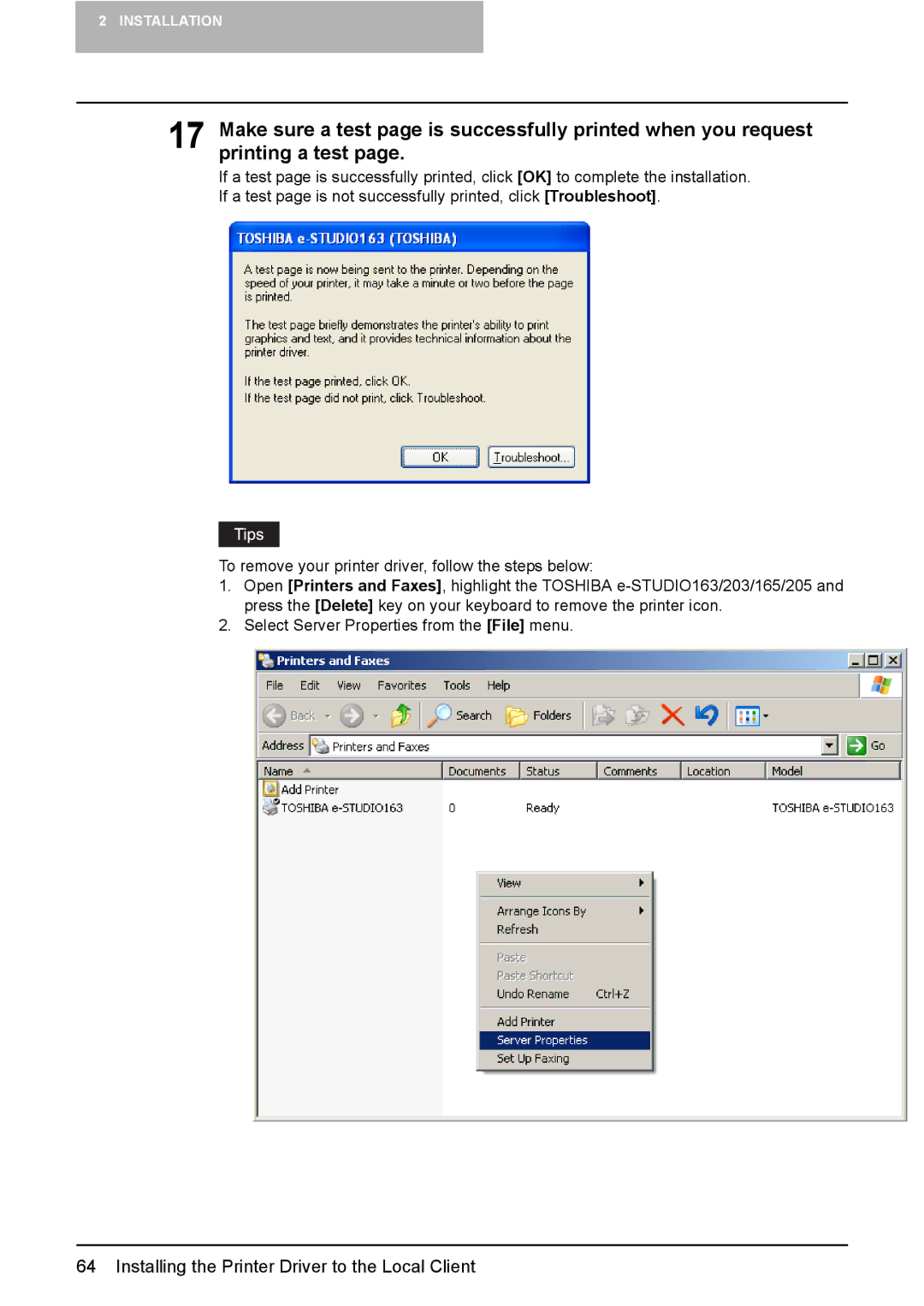 Toshiba 165/205 manual Installing the Printer Driver to the Local Client 