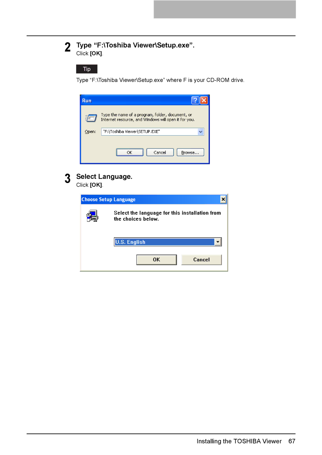 Toshiba 165/205 manual Type F\Toshiba Viewer\Setup.exe, Select Language 