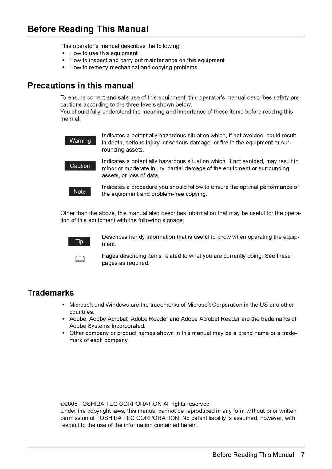 Toshiba 165/205 Before Reading This Manual, Precautions in this manual, Trademarks 