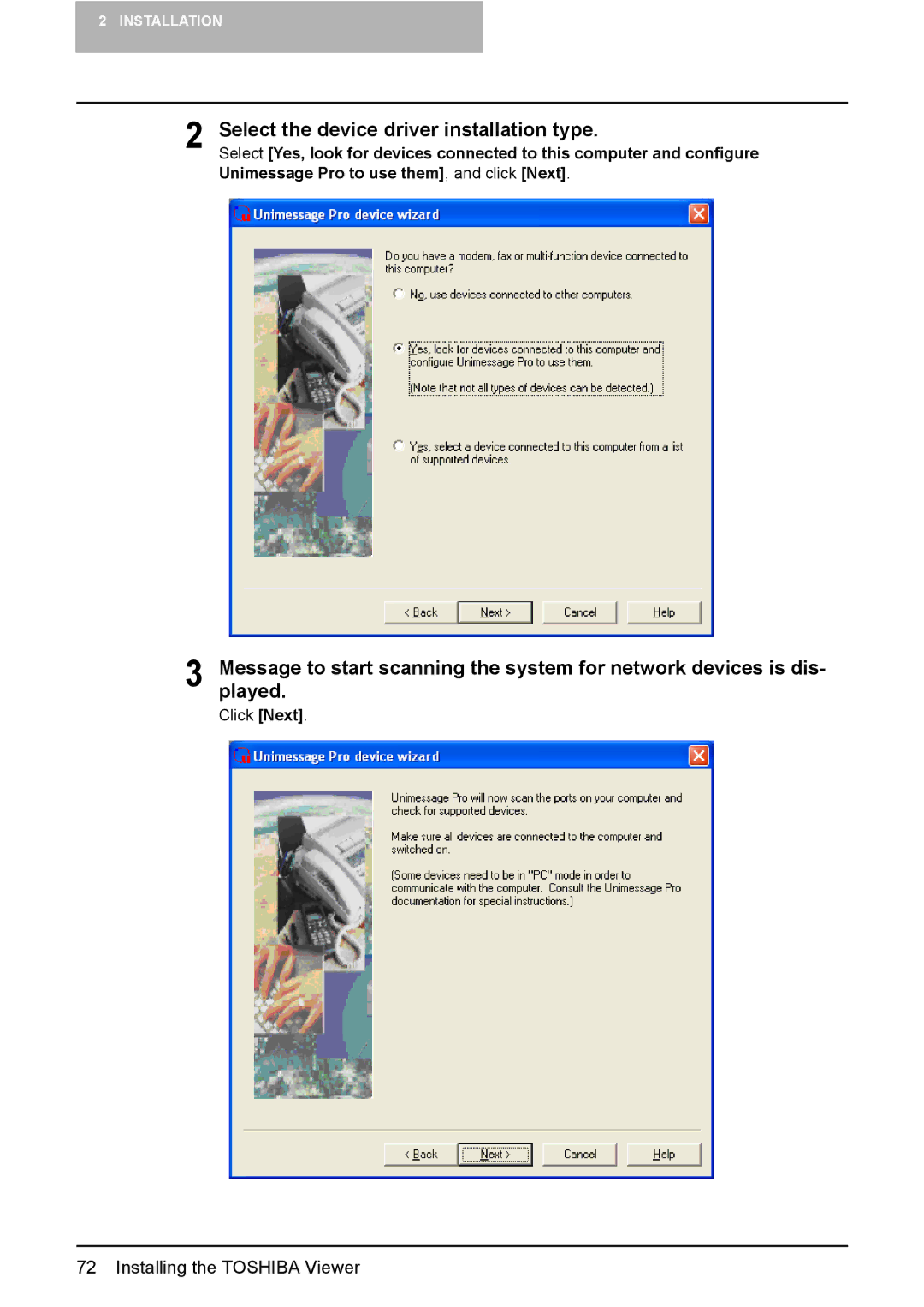 Toshiba 165/205 manual Select the device driver installation type 