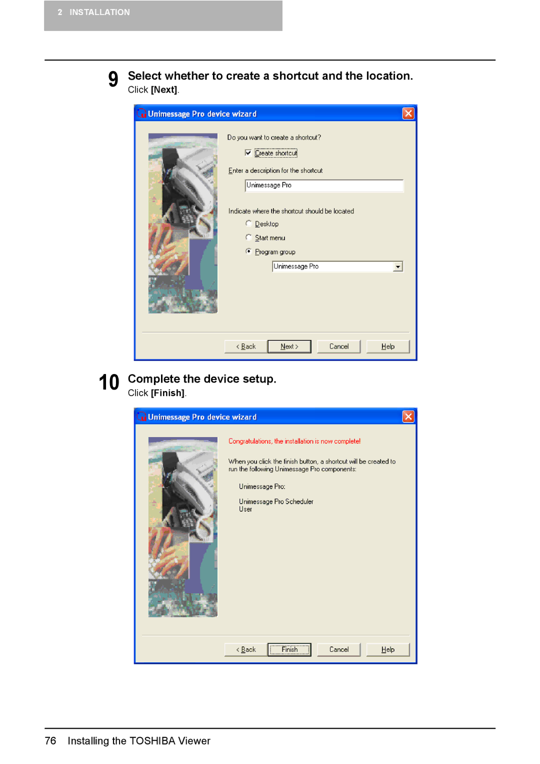 Toshiba 165/205 manual Select whether to create a shortcut and the location, Complete the device setup 