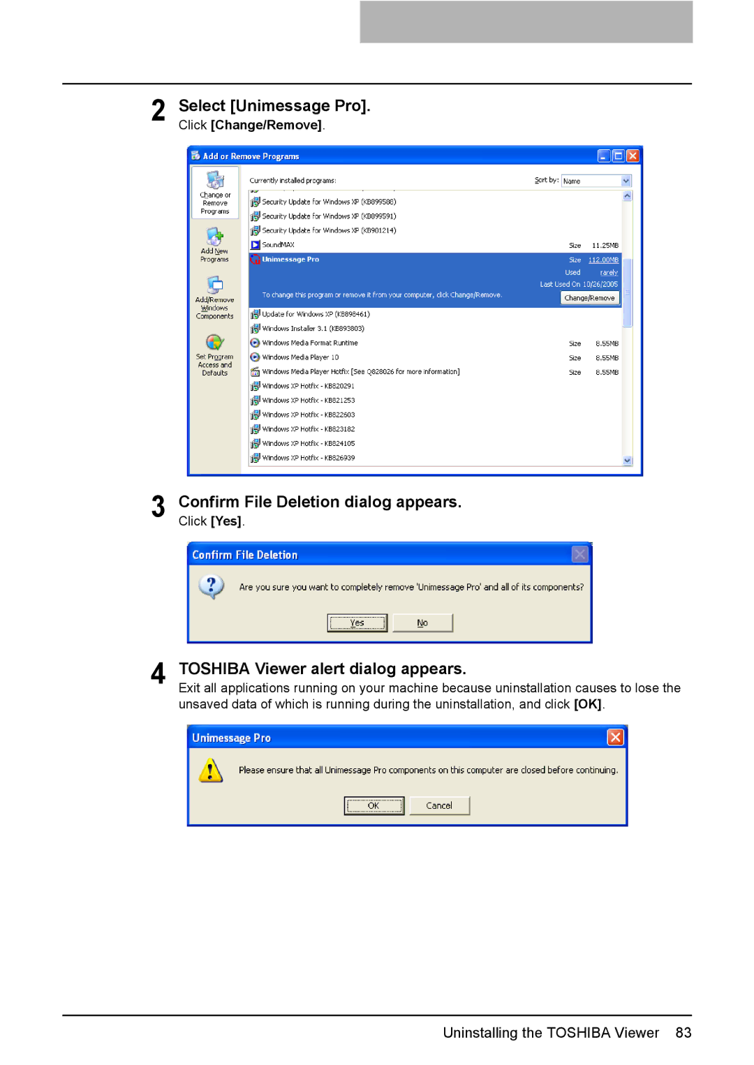 Toshiba 165/205 manual Select Unimessage Pro, Confirm File Deletion dialog appears, Toshiba Viewer alert dialog appears 