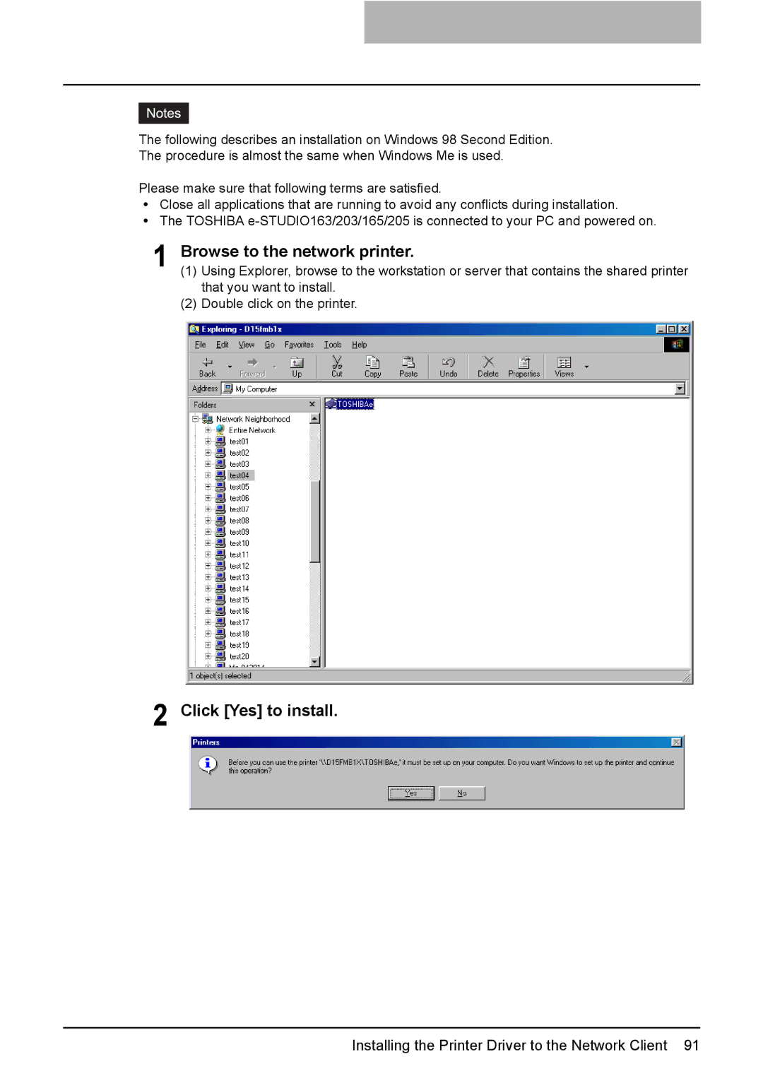 Toshiba 165/205 manual Browse to the network printer, Click Yes to install 