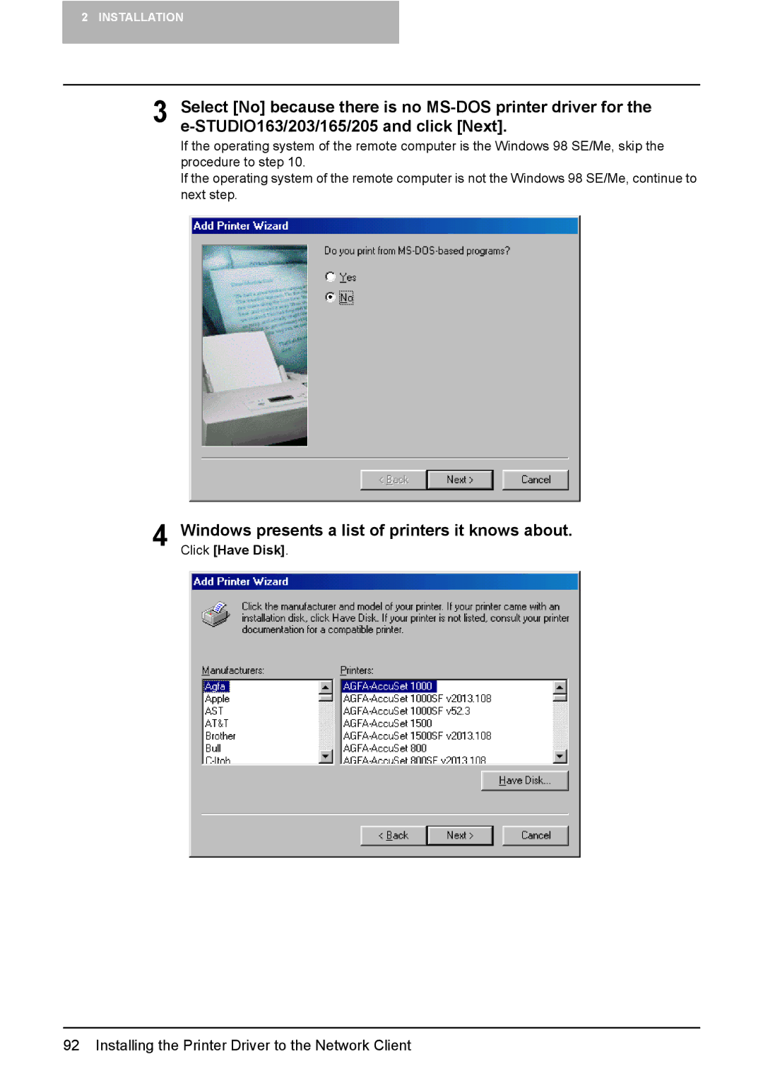 Toshiba 165/205 manual Installing the Printer Driver to the Network Client 