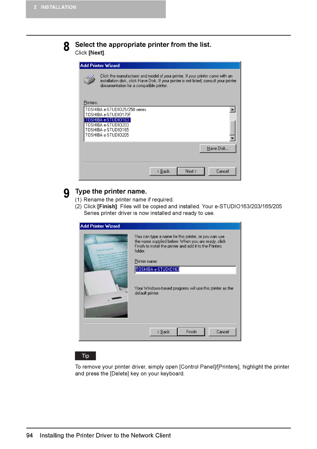 Toshiba 165/205 manual Rename the printer name if required 