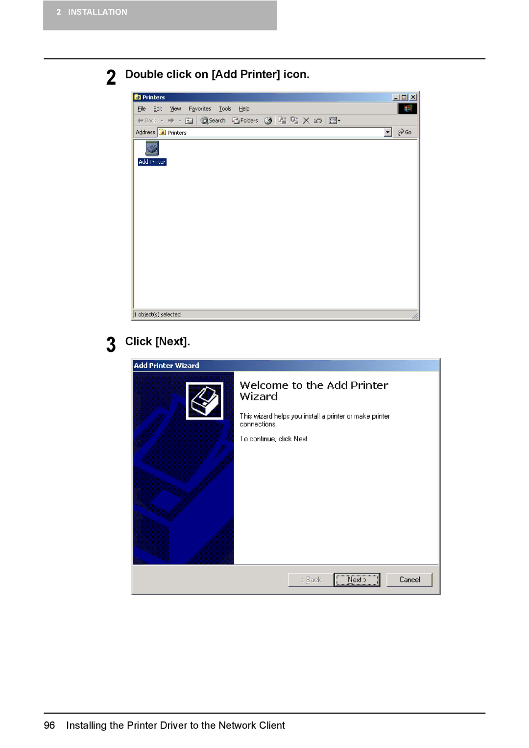 Toshiba 165/205 manual Double click on Add Printer icon Click Next 