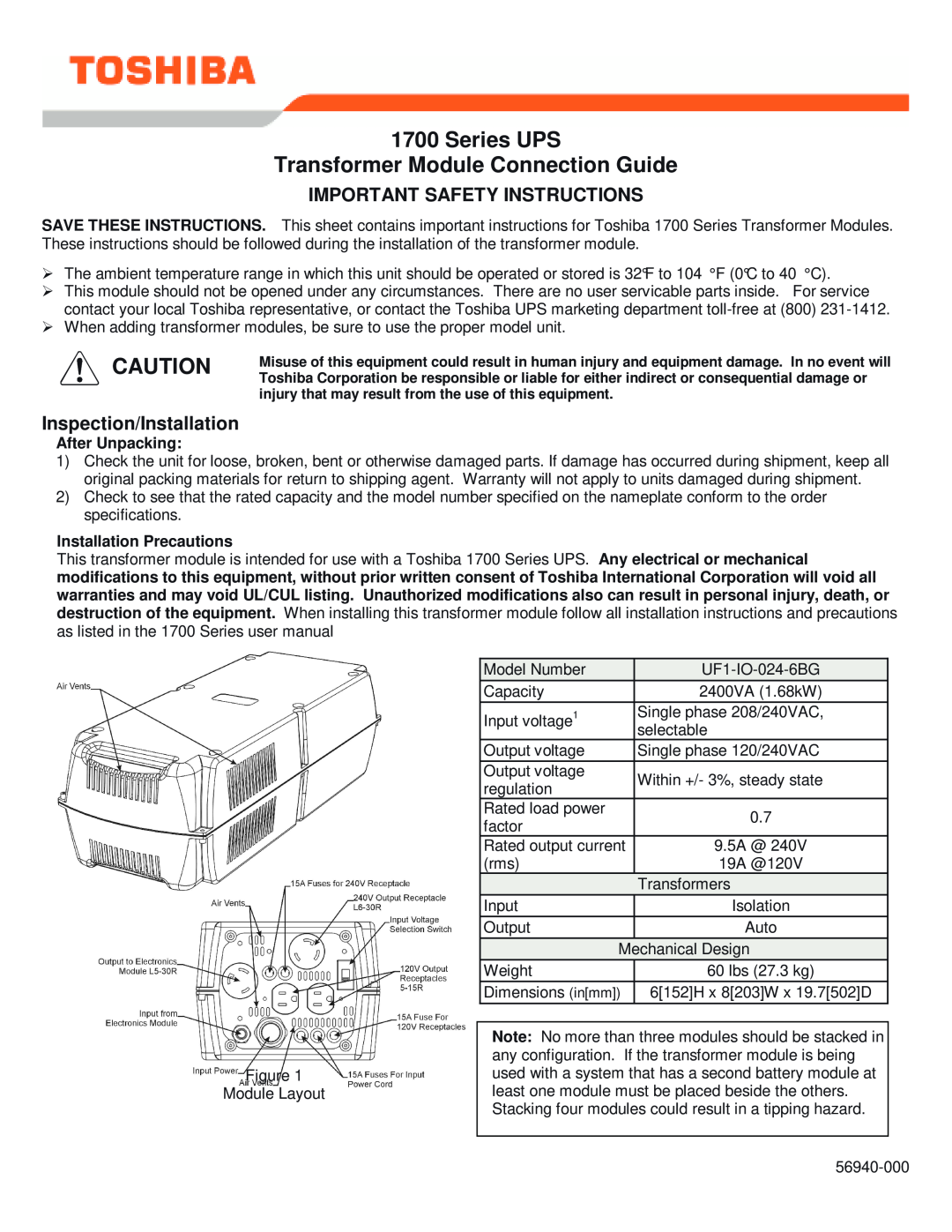 Toshiba 1700 Series important safety instructions Series UPS Transformer Module Connection Guide, Inspection/Installation 