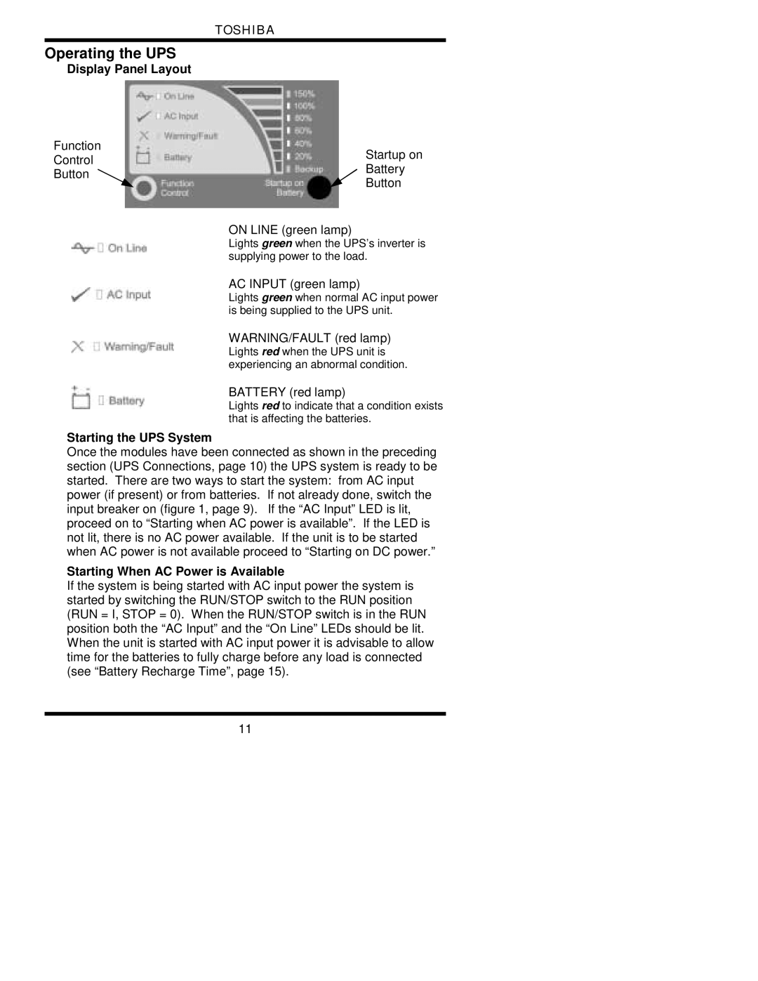 Toshiba 1700 Operating the UPS, Display Panel Layout, Starting the UPS System, Starting When AC Power is Available 