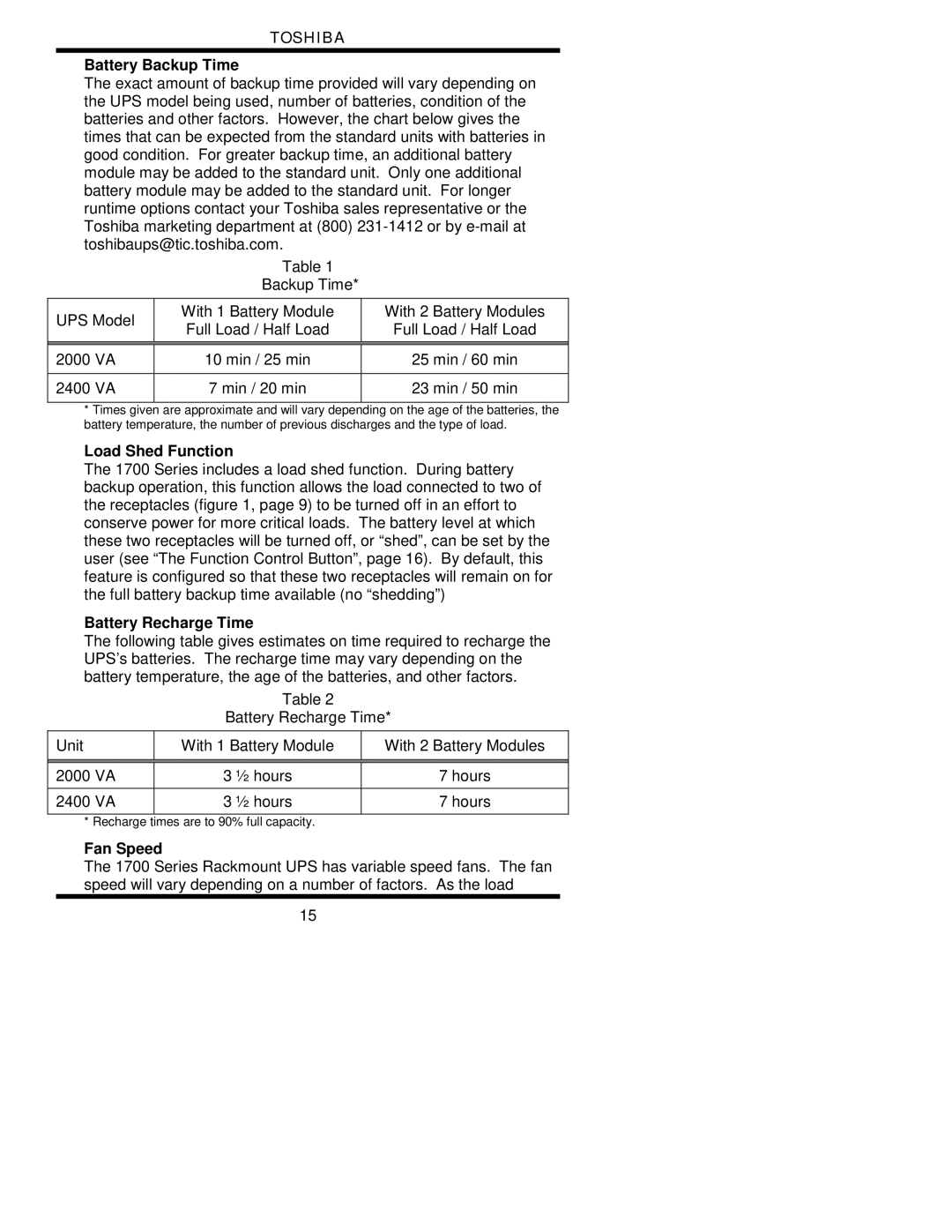 Toshiba 1700 user manual Battery Backup Time, Load Shed Function, Battery Recharge Time, Fan Speed 