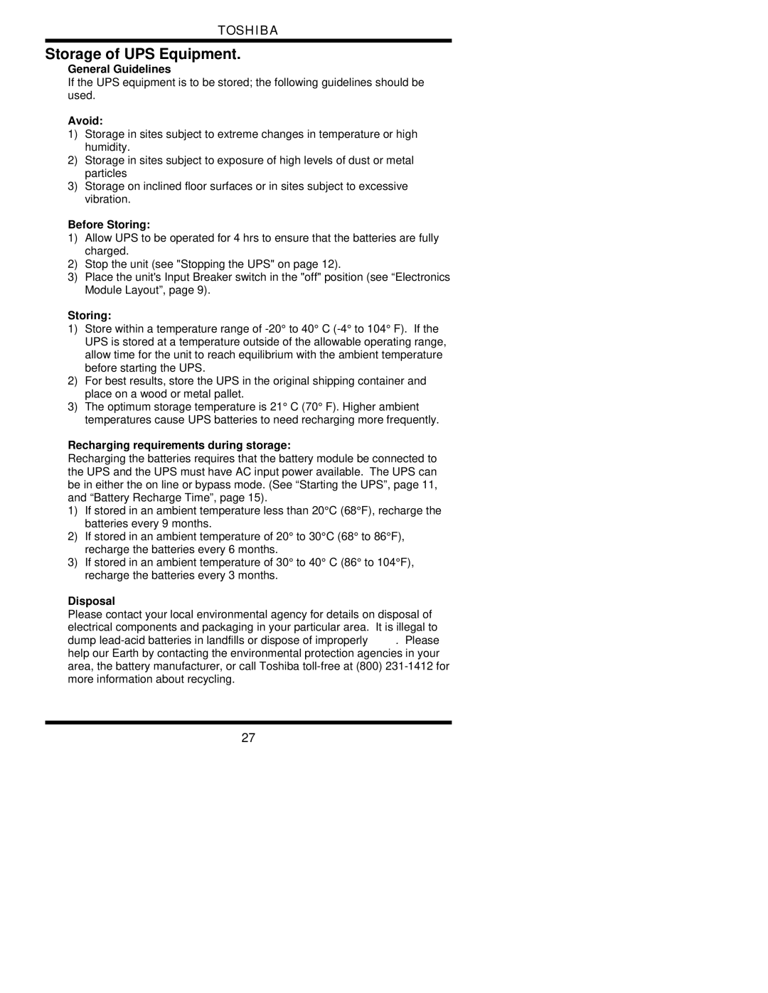 Toshiba 1700 user manual Storage of UPS Equipment, Avoid 