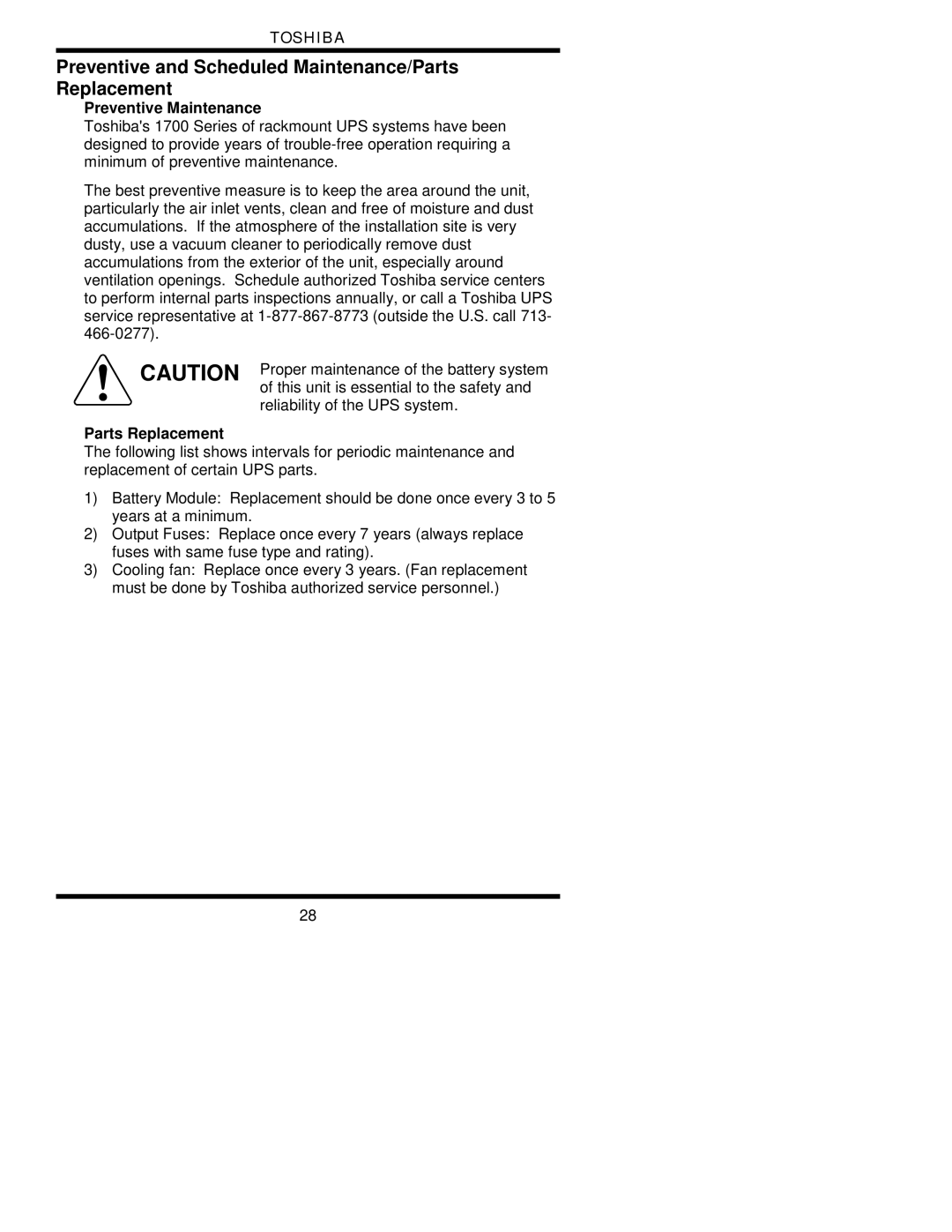 Toshiba 1700 user manual Preventive and Scheduled Maintenance/Parts Replacement, Preventive Maintenance 