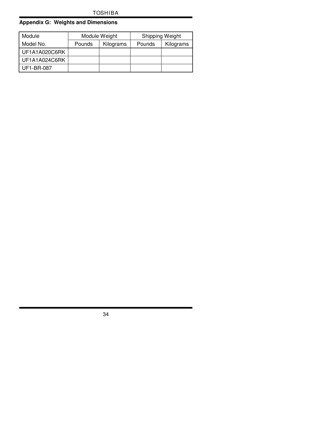 Toshiba 1700 user manual Appendix G Weights and Dimensions 