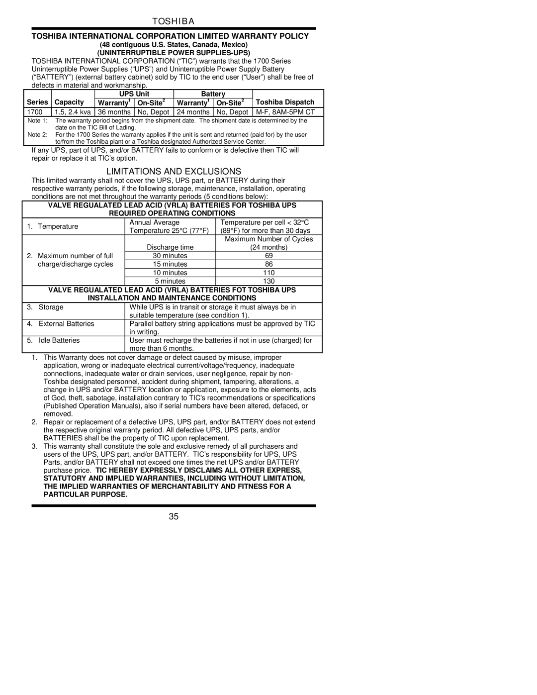 Toshiba 1700 user manual Limitations and Exclusions 