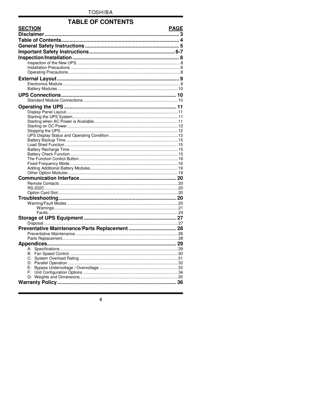 Toshiba 1700 user manual Table of Contents 