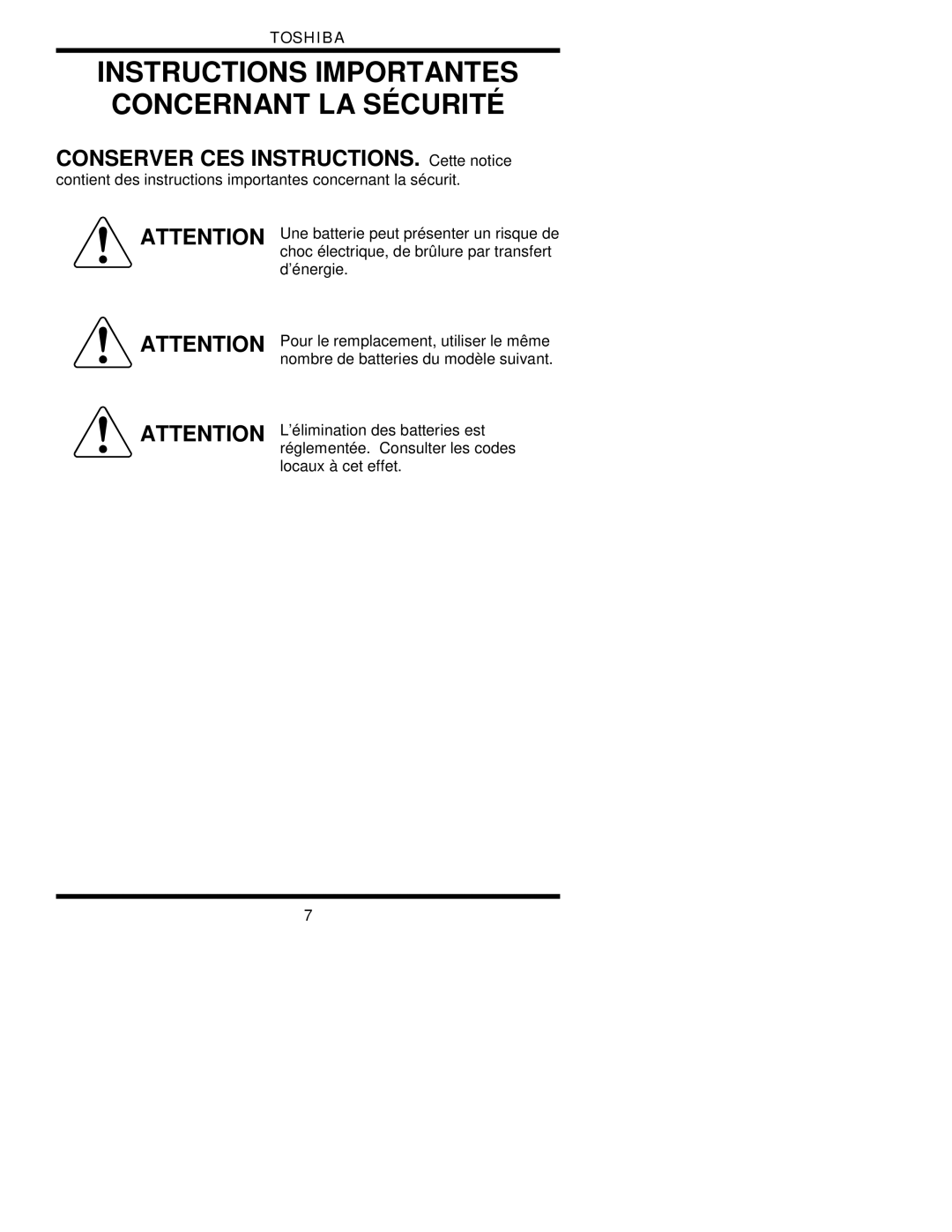 Toshiba 1700 user manual Instructions Importantes Concernant LA Sécurité 