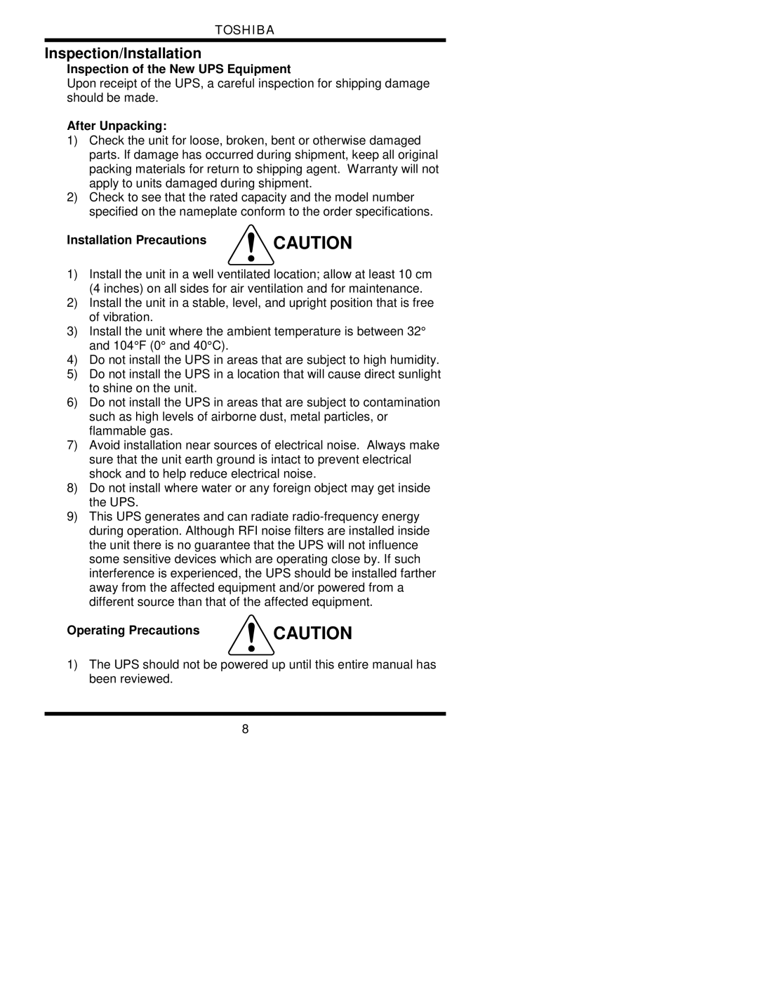 Toshiba 1700 Inspection/Installation, Inspection of the New UPS Equipment, After Unpacking, Installation Precautions 