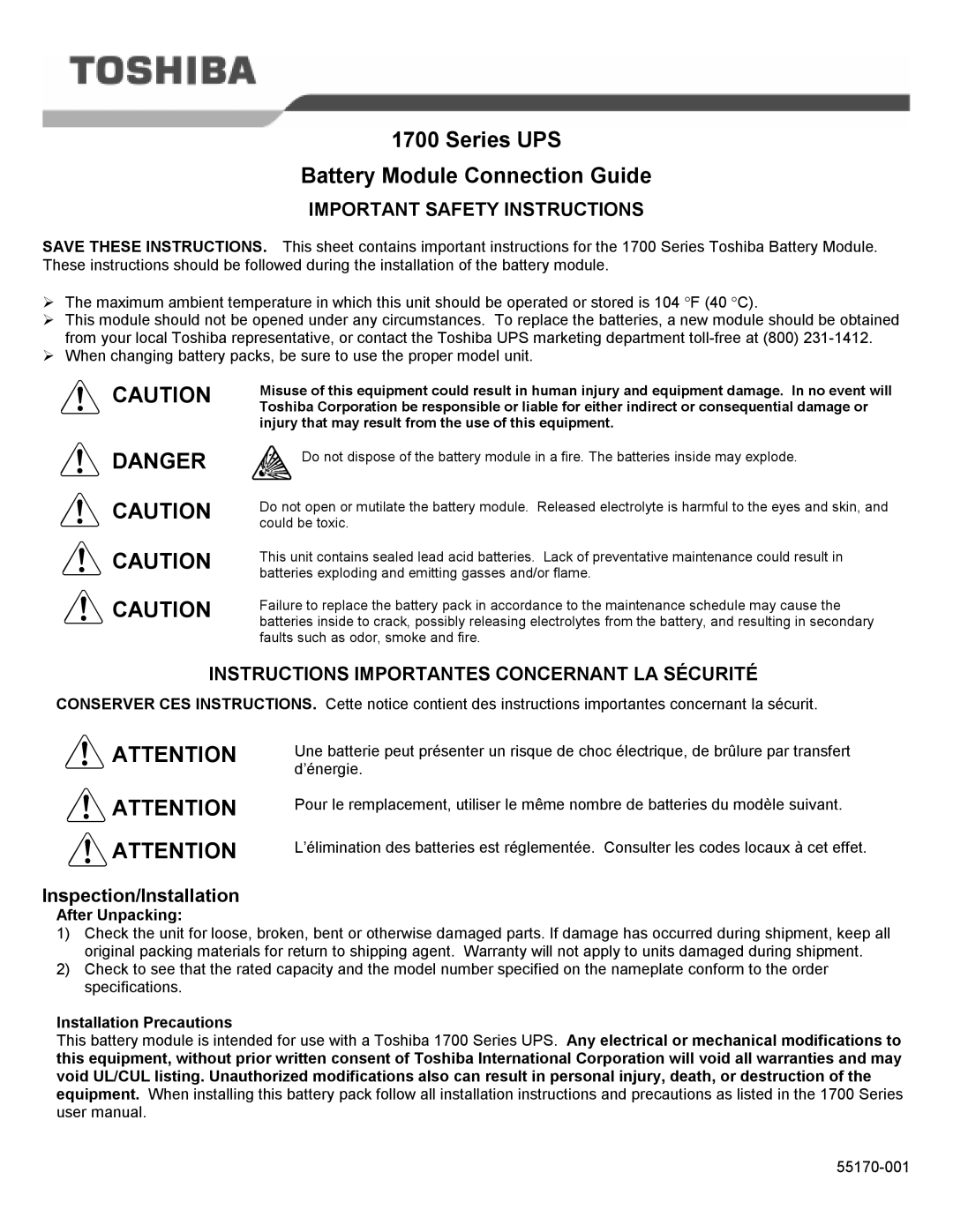 Toshiba 1700 important safety instructions Important Safety Instructions, Instructions Importantes Concernant LA Sécurité 