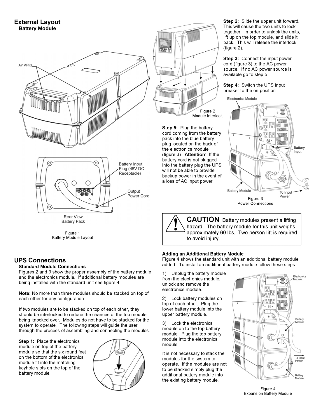 Toshiba 1700 important safety instructions External Layout, UPS Connections, Battery Module, Standard Module Connections 