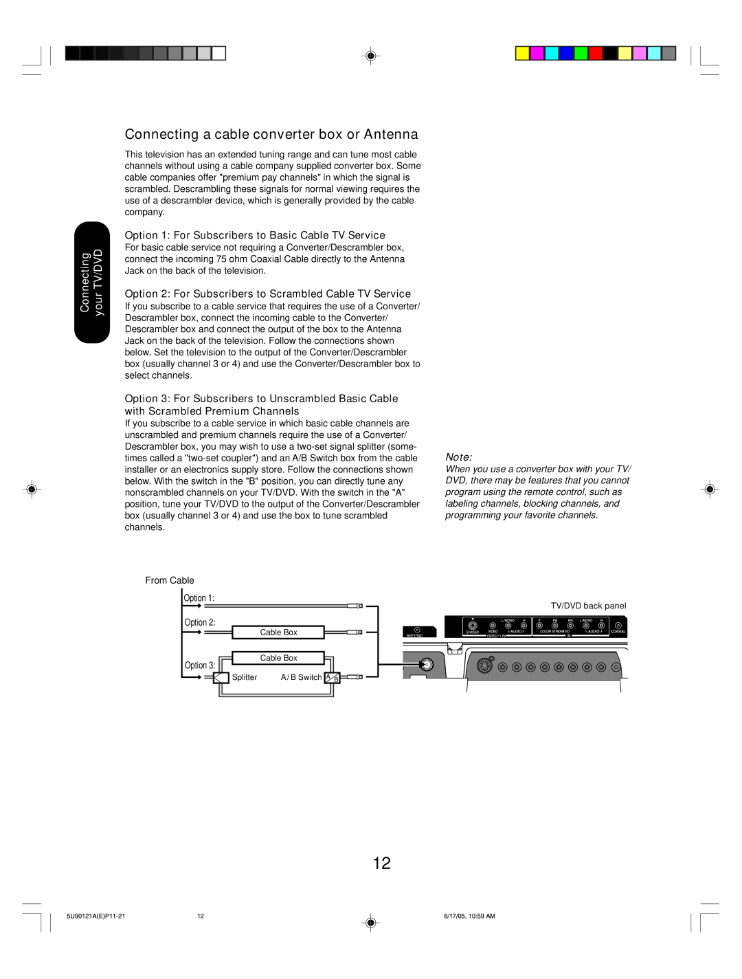 Toshiba 17HLV85 appendix Connecting a cable converter box or Antenna, Option 1 For Subscribers to Basic Cable TV Service 