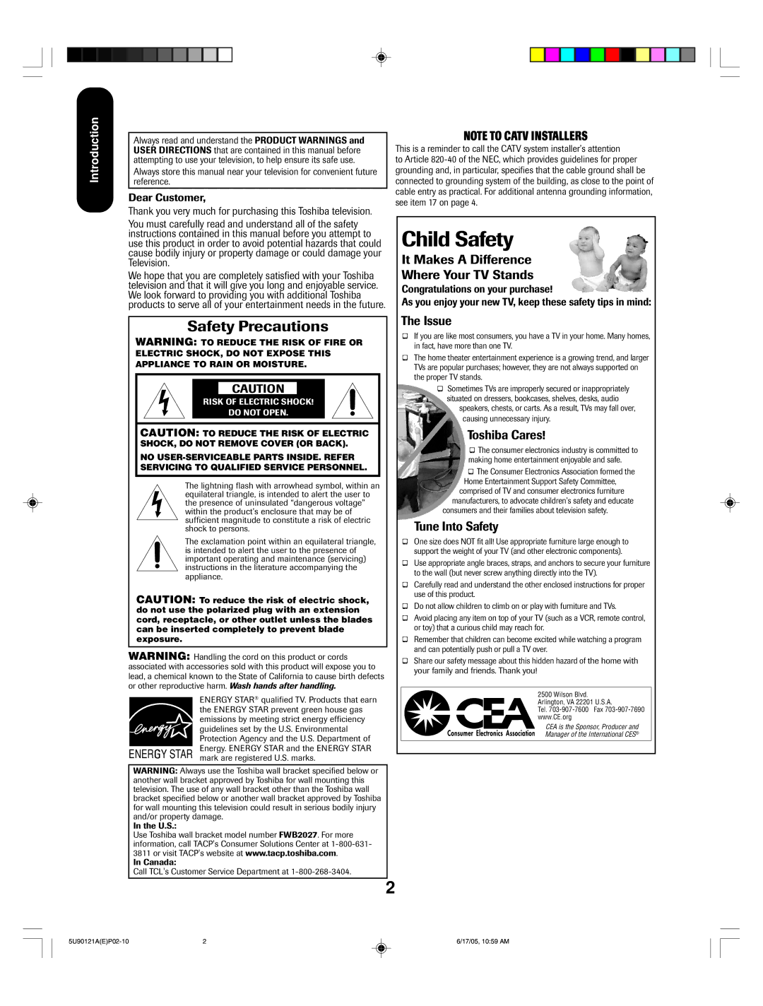 Toshiba 17HLV85 appendix Safety Precautions, Introduction 