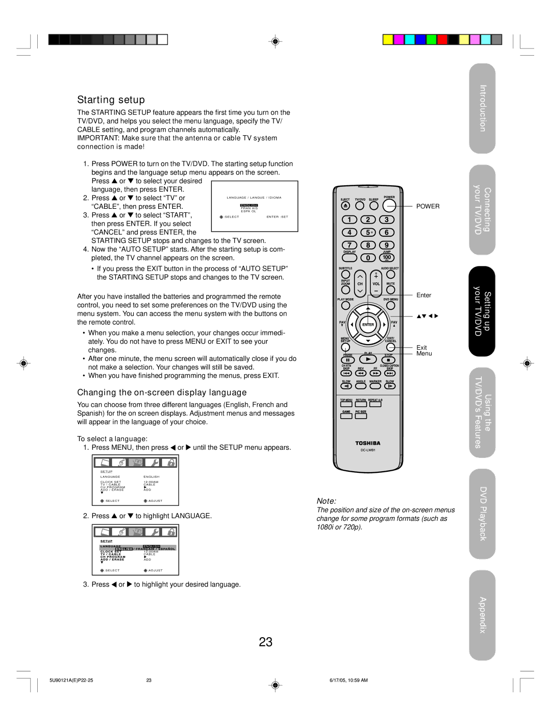 Toshiba 17HLV85 appendix Starting setup, Changing the on-screen display language, To select a language, Press 