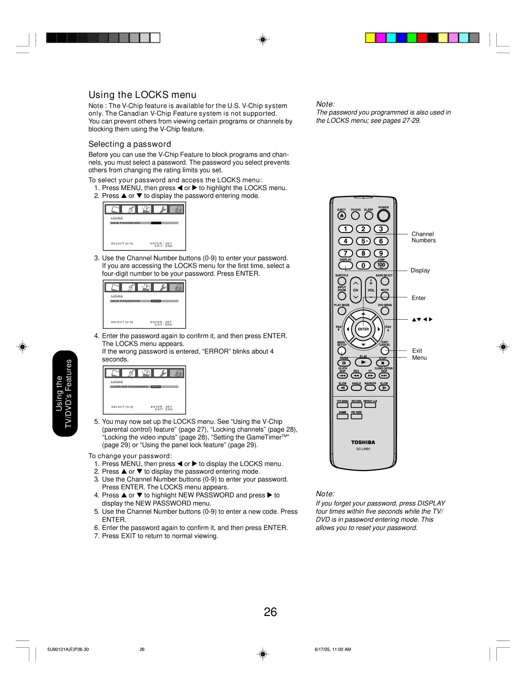 Toshiba 17HLV85 appendix Using the Locks menu, Selecting a password, Using the TV/DVD’s Features, To change your password 