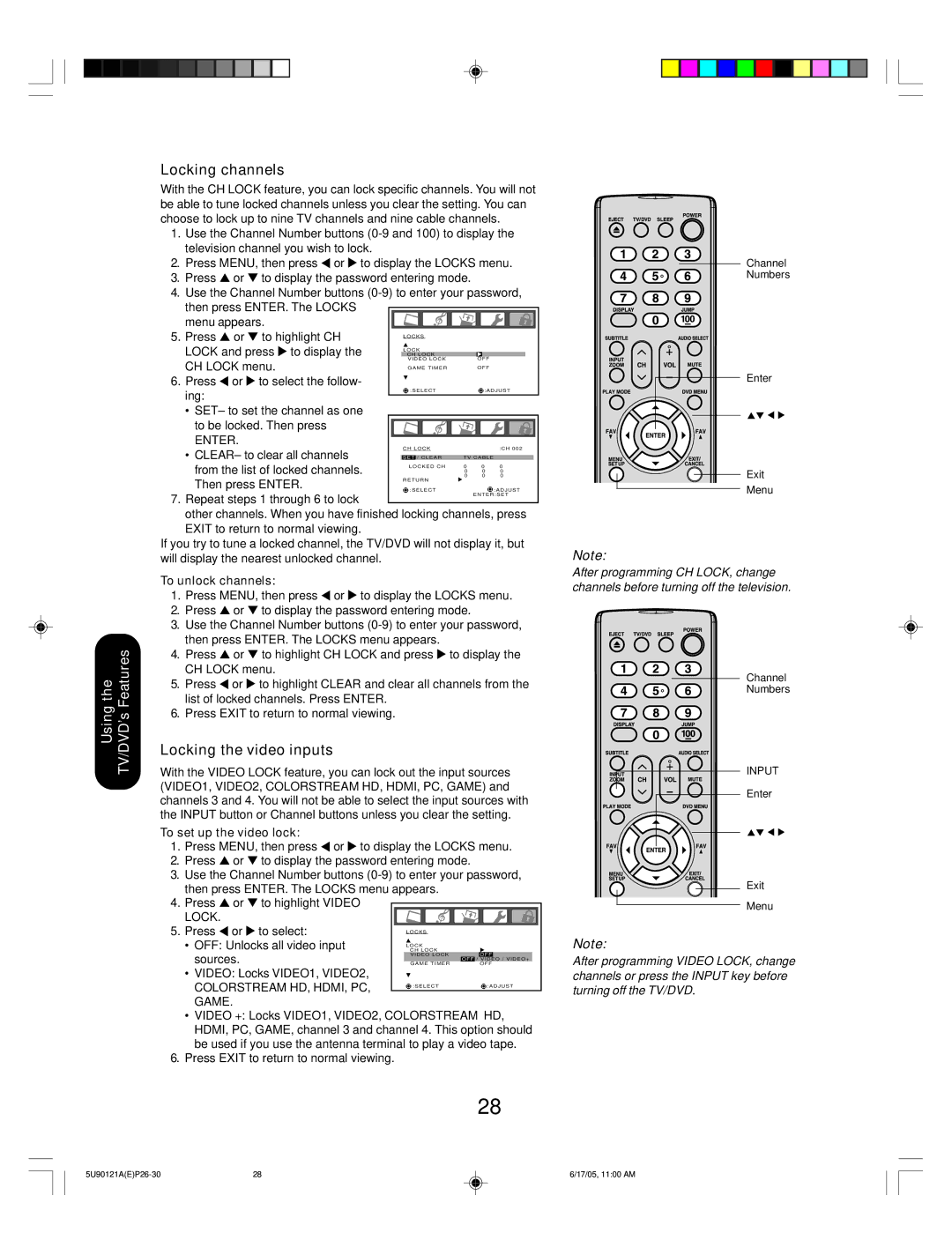 Toshiba 17HLV85 appendix Locking channels, Locking the video inputs 
