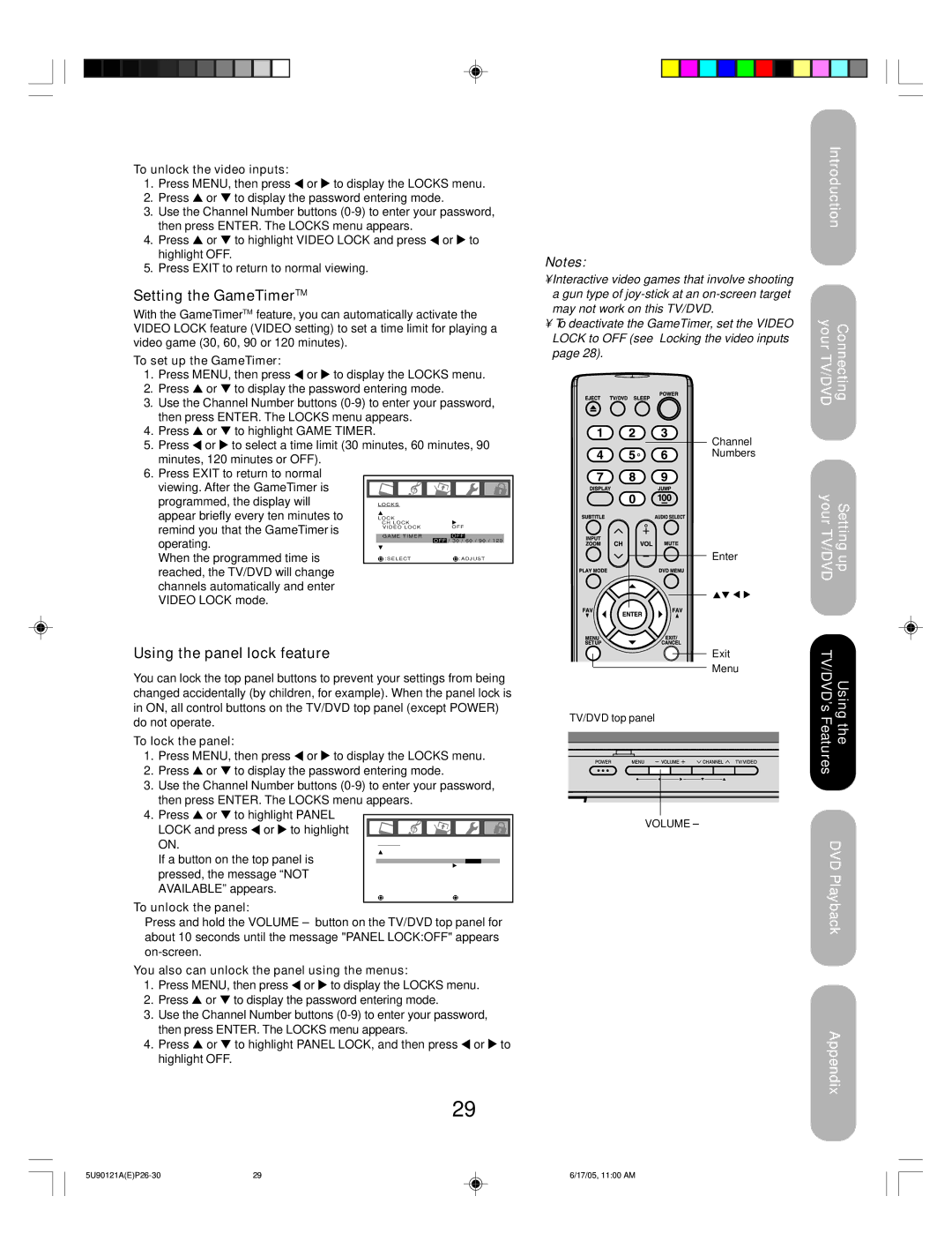 Toshiba 17HLV85 appendix Setting the GameTimerTM, Using the panel lock feature, DVDPlayback 