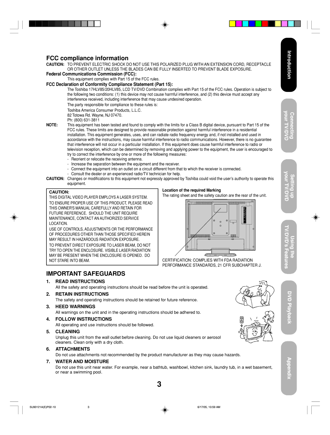 Toshiba 17HLV85 appendix FCC compliance information, Introduction Your TV/DVDConnecting, TV/DVDup 