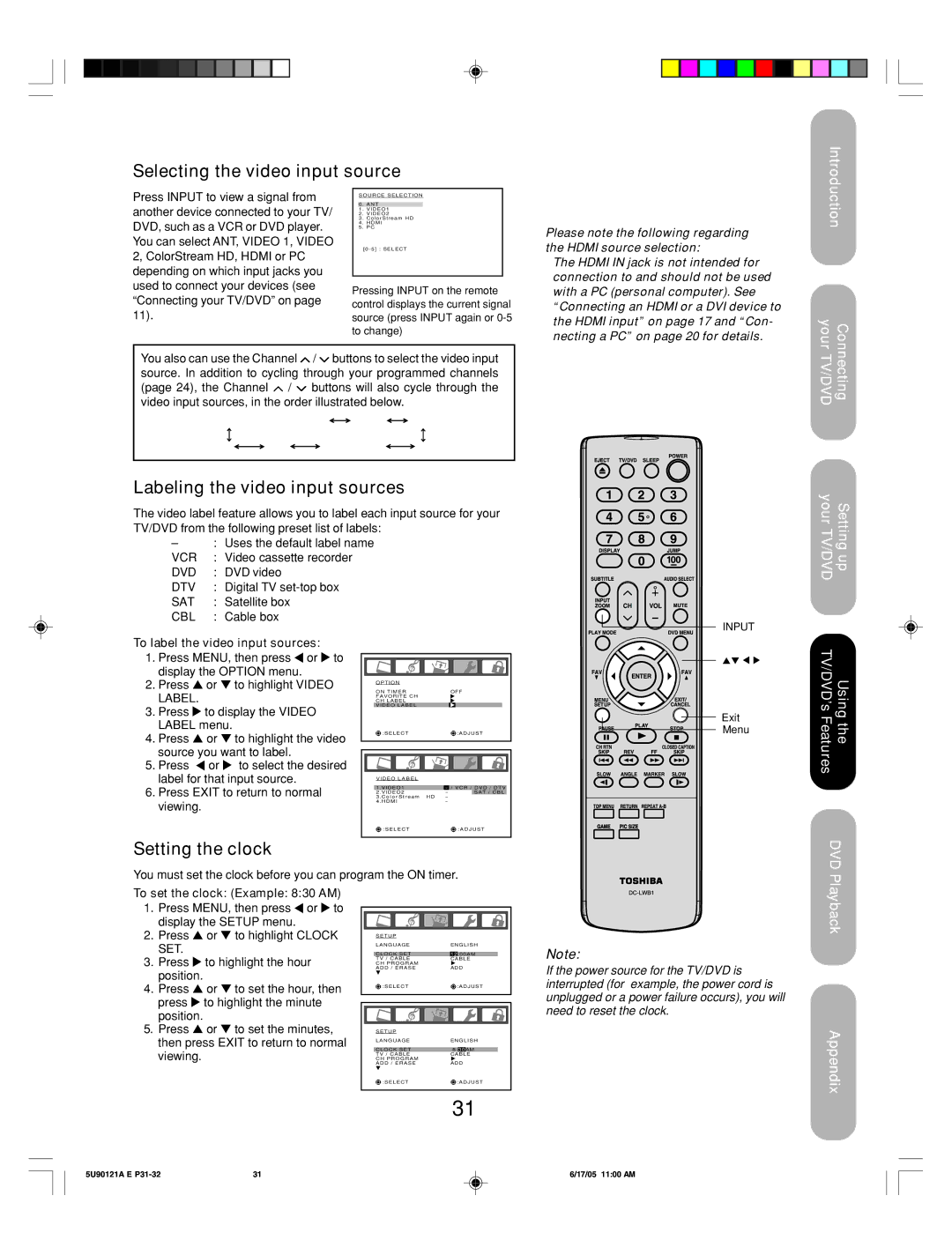 Toshiba 17HLV85 Selecting the video input source, Labeling the video input sources, Setting the clock, TV/DVDConnecting 