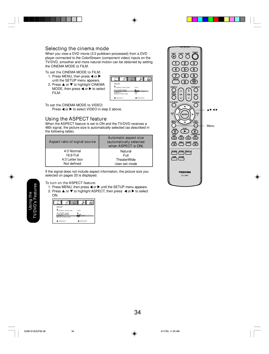 Toshiba 17HLV85 appendix Selecting the cinema mode, Using the Aspect feature, To set the Cinema Mode to Film 