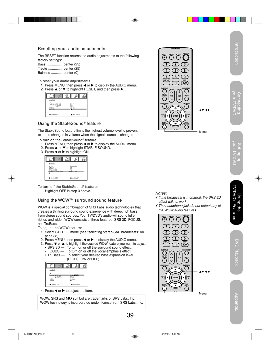 Toshiba 17HLV85 Resetting your audio adjustments, Using the StableSound feature, Using the WOW surround sound feature 