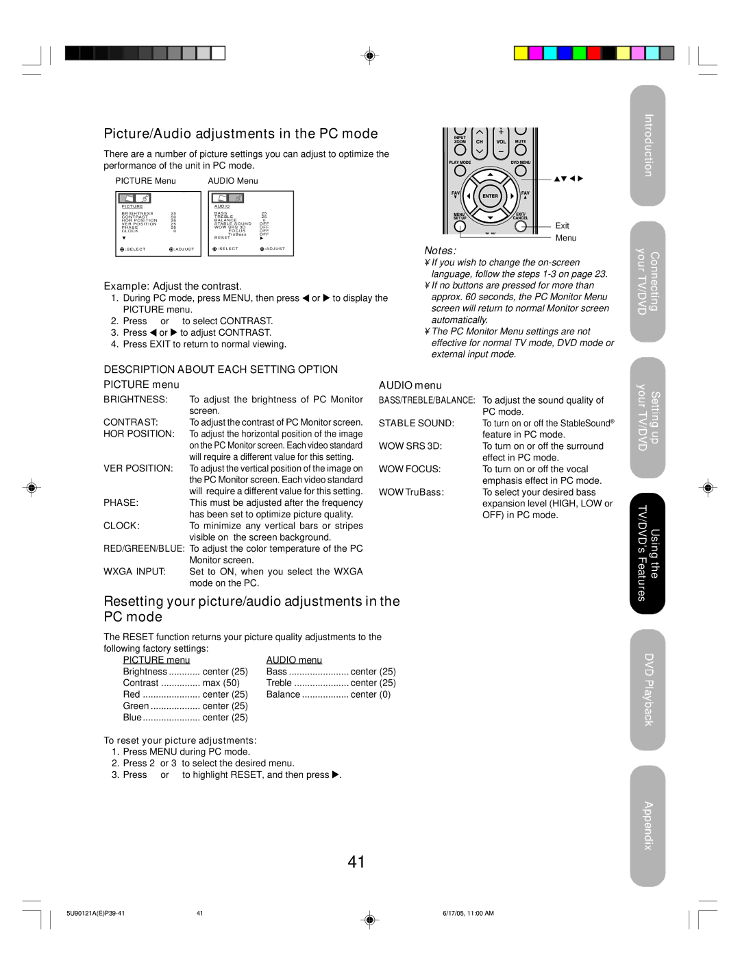 Toshiba 17HLV85 appendix Picture/Audio adjustments in the PC mode, Resetting your picture/audio adjustments in the PC mode 