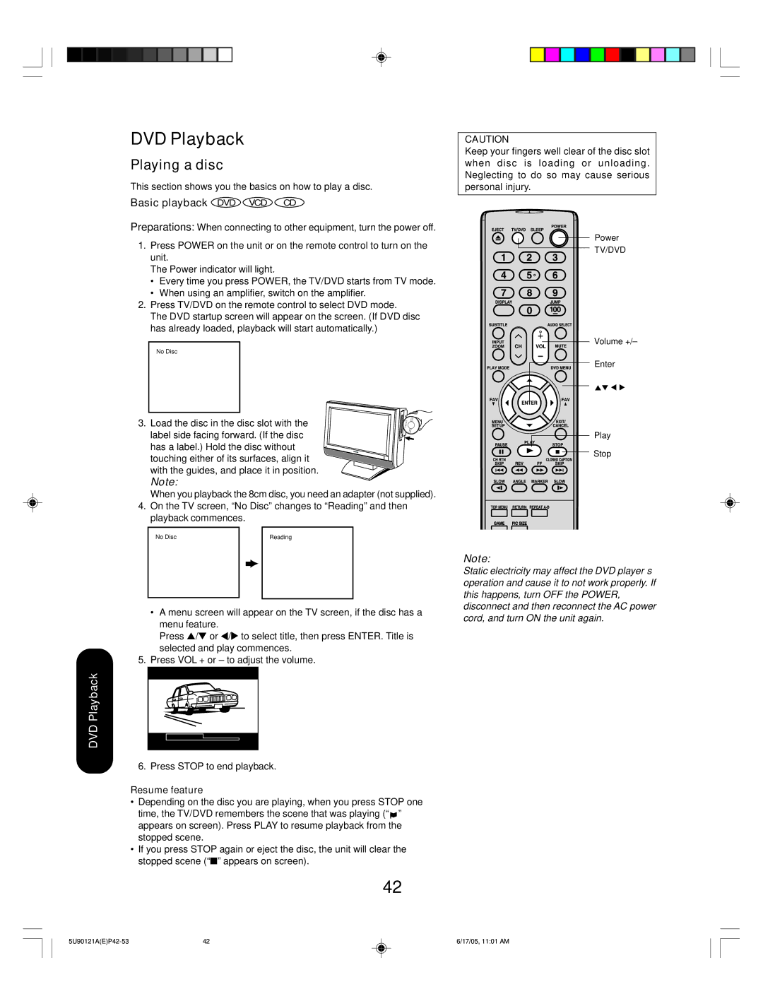 Toshiba 17HLV85 appendix Playing a disc, Basic playback DVD VCD CD, Resume feature 