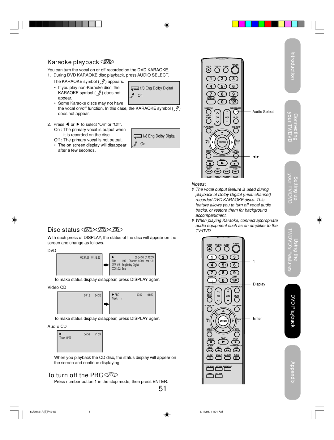 Toshiba 17HLV85 appendix Karaoke playback, Disc status DVD VCD CD, To turn off the PBC VCD, Video CD, Audio CD 