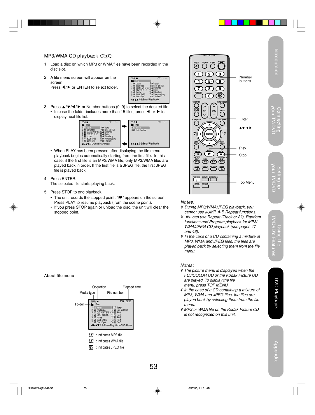 Toshiba 17HLV85 appendix MP3/WMA CD playback CD, About file menu 