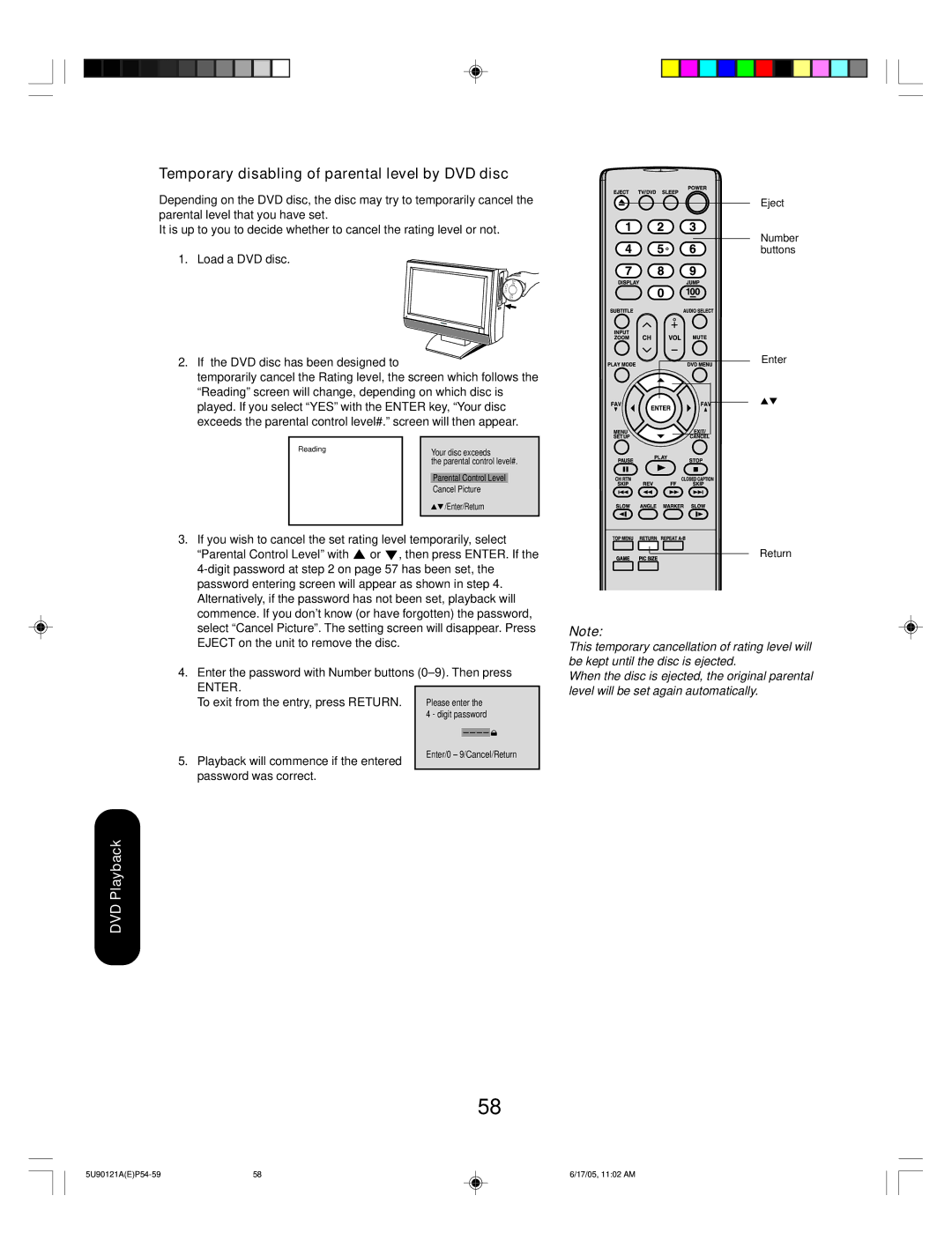 Toshiba 17HLV85 appendix Temporary disabling of parental level by DVD disc 