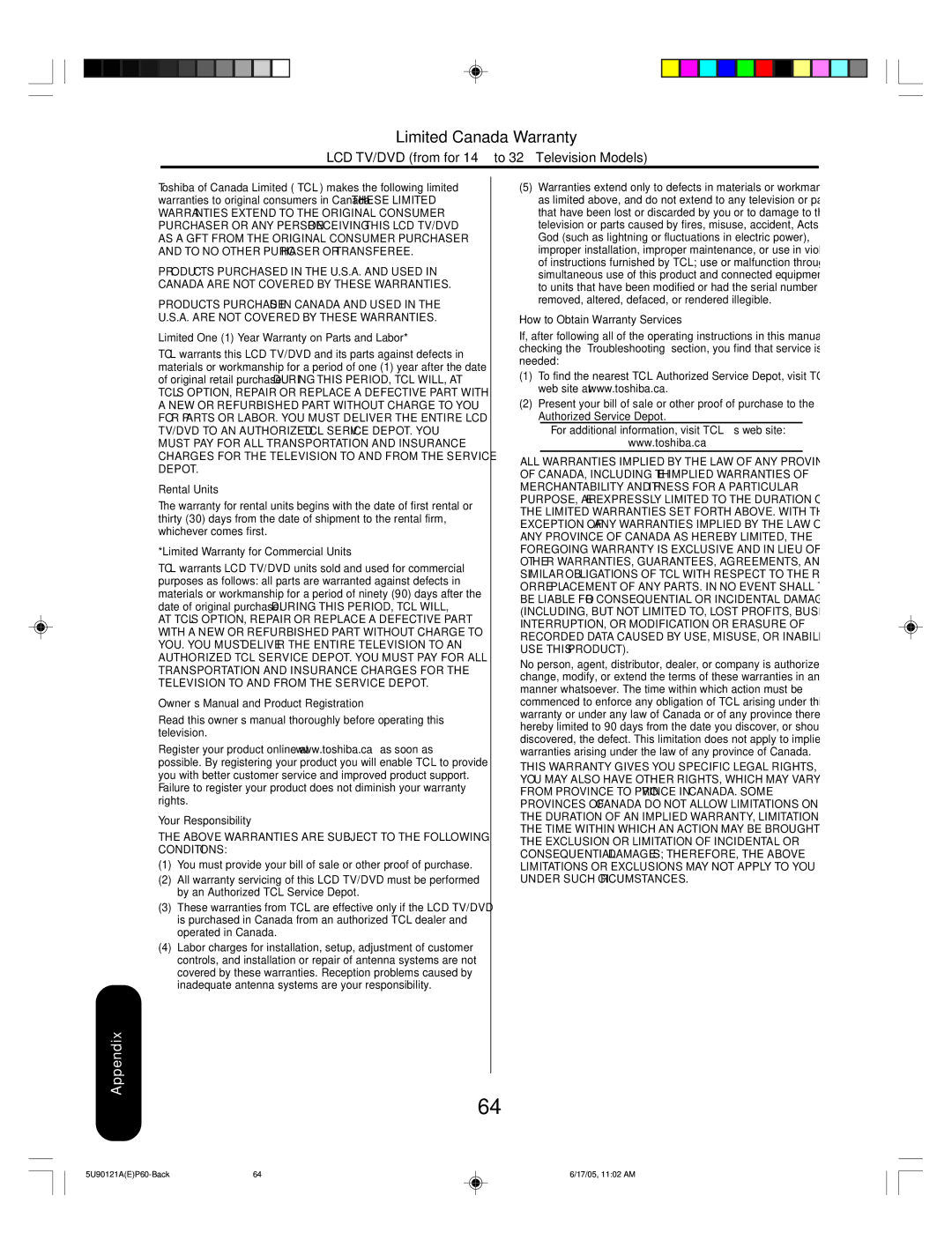 Toshiba 17HLV85 appendix Limited Canada Warranty 