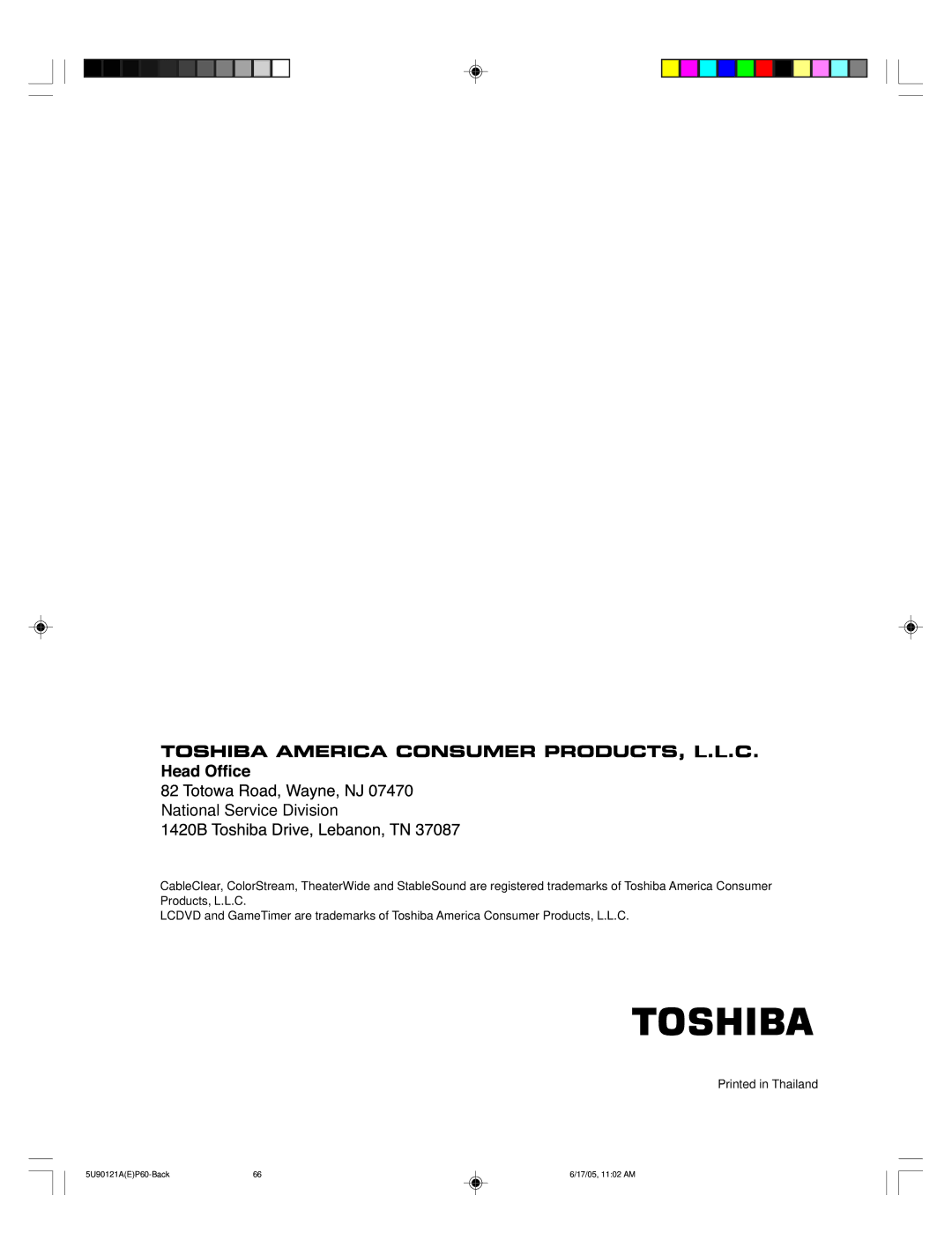 Toshiba 17HLV85 appendix National Service Division 