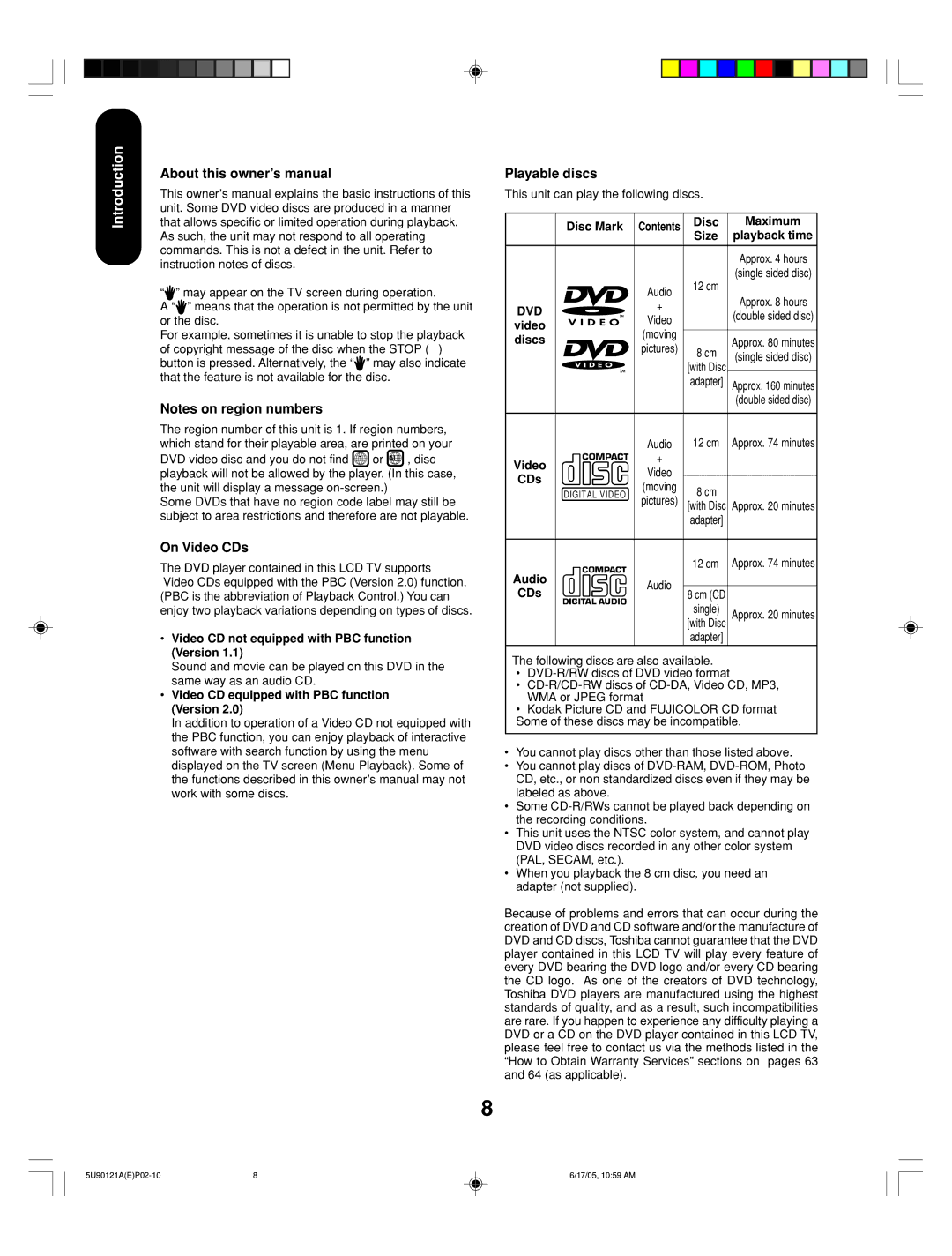 Toshiba 17HLV85 appendix On Video CDs, Playable discs 