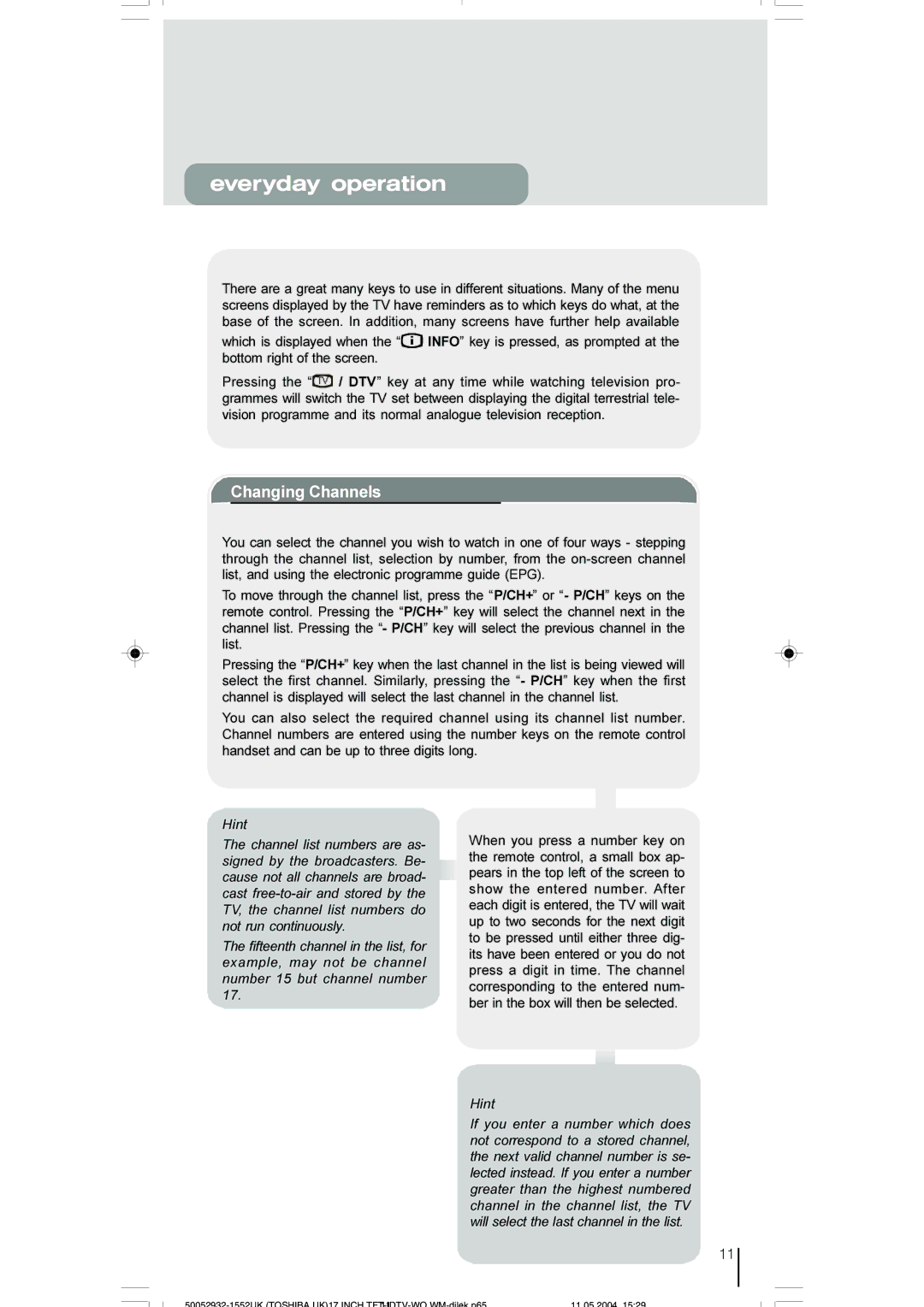 Toshiba 17WLT46B owner manual Everyday operation, Changing Channels 