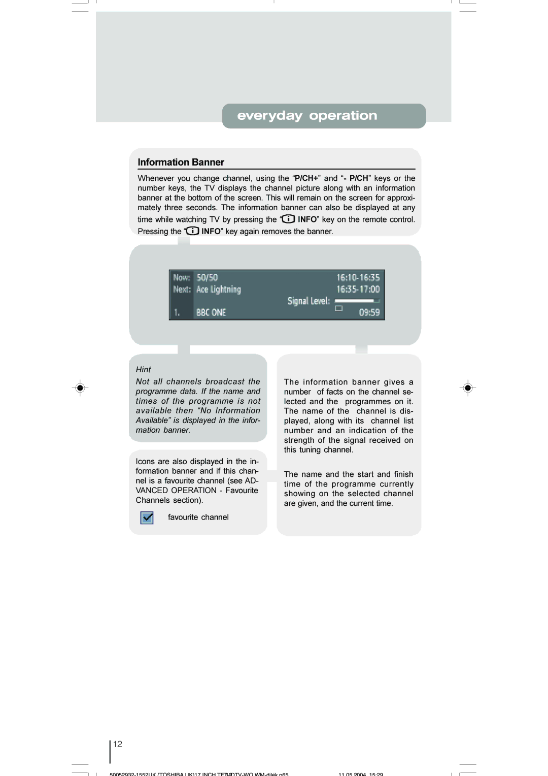 Toshiba 17WLT46B owner manual Information Banner 